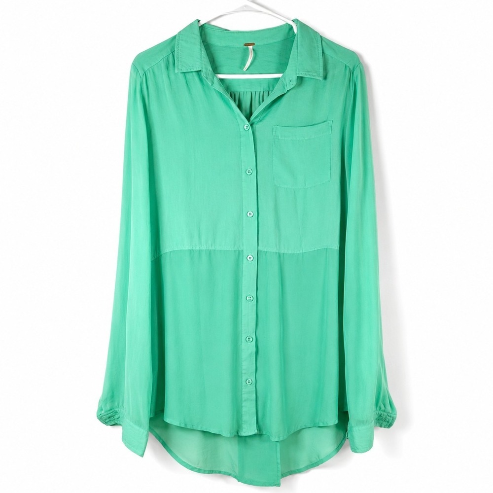 Free People Women's Shirt M Mint Green Button Up Sheer Hi Low Blouse Top Preppy